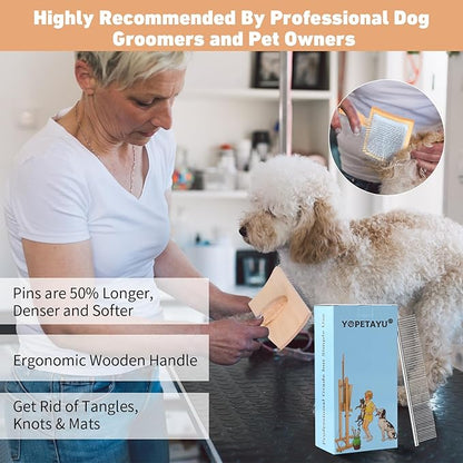 Dog Slicker Brush for Shedding and Grooming Medium or Long Haired Cats, Extra Long &amp; Soft Pin Slicker Brush for Removes Loose Hair, Tangles, Knots, Undercoat, Free Pet Comb, Large, Oak