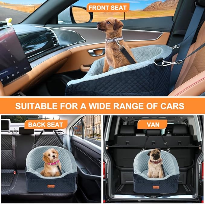 Vivifying Dog Car Seat for Small &amp; Medium Dogs, Detachable &amp; Washable Booster Seat for Pets Up to 30lbs, Travel Bed with Storage Pockets and Safety Belt – Gray&amp;Black