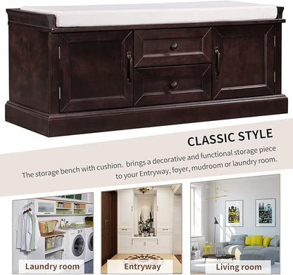 Storage Bench with 2 Drawers and 2 Cabinets, Pine Wood Pine Wood Shoe Bench with Removable Cushion for Living Room, Entryway 42.5" L x 15.9" W x 17.5" H (Espresso)
