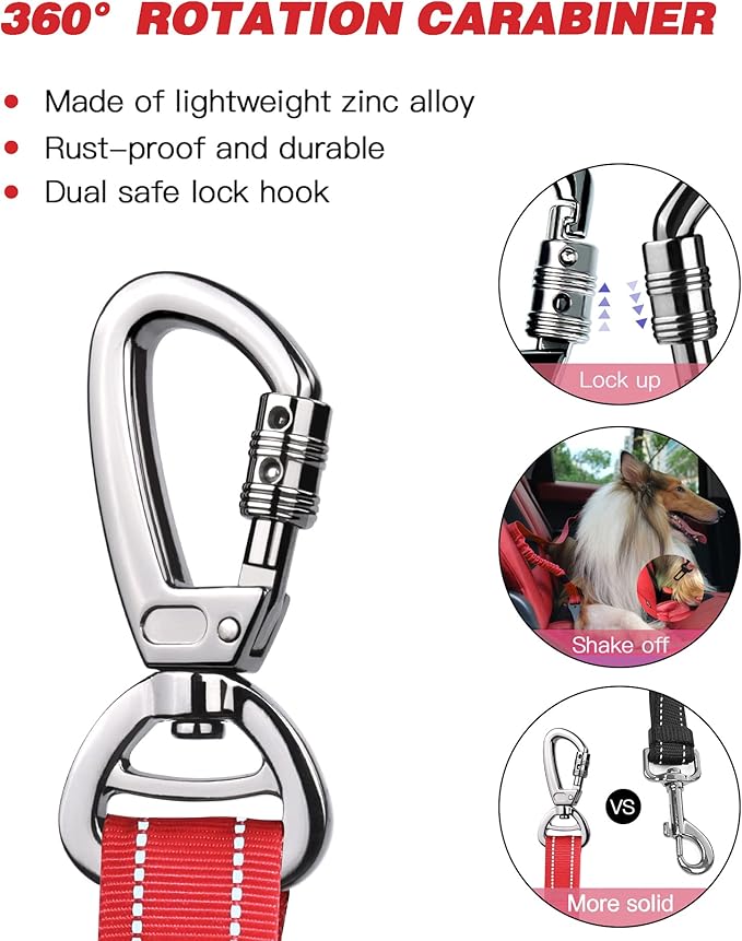 AUBELL Dog Seat Belt for Car,Updated 3-in-1 Adjustable Reflective Bungee Heavy Duty Dog Car Harness Tether with Clip Hook Latch &amp; Buckle,Swivel Zinc Alloy Carabiner,Red