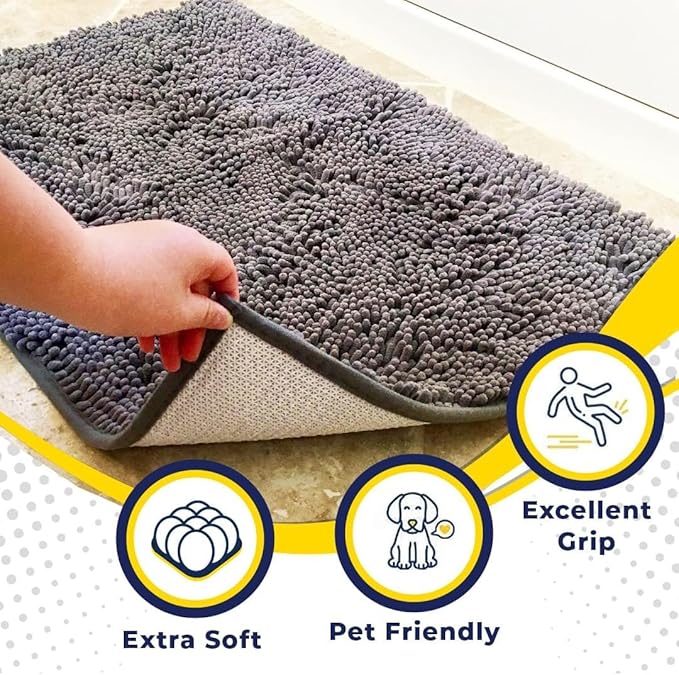 Muddy Mat® Pack of 3 Highly Absorbent Microfiber Dog Door Mat and Pet Rug, Non Slip Thick Washable Area Mat Soft Chenille for Kitchen Bathroom Bedroom and Outdoor - Grey Small, Medium &amp; Large