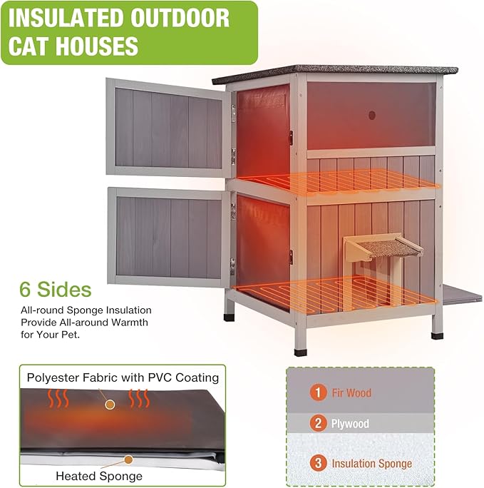 GUTINNEEN Outdoor Heated Cat House for Winter, Weatherproof Wooden Feral Cat Shelter with Escape Door, Heating Pad &amp; Removable Mat(AIR14-Heated)