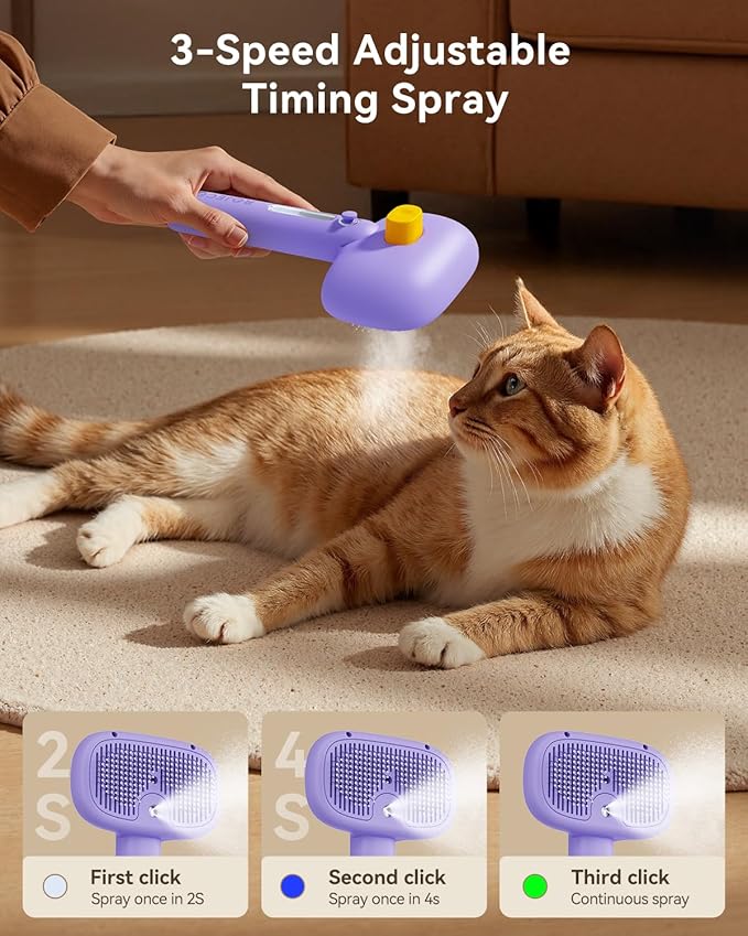 ROJECO 3-in-1 Pet Steam Brush for Cats&amp;Dogs - Detangling Comb with Adjustable Mist, Handheld Deshedding Grooming Tool for Long/Short Hair, Massage Brush &amp; Shedding Control Gift,Cordless,Purple