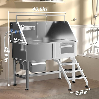Professional 46" Dog Washing Station, Stainless Steel Dog Bathing Station, Height Adjustable Dog Wash Station, Storage Drawer, Upgrade Parts, Home, Commercial (Right Step)