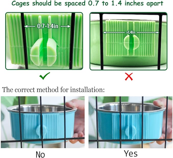 kathson Crate Dog Bowl, Removable Stainless Steel Hanging Pet Kennel Cage Bowl Food &amp; Water Feeder Coop Cup for Puppy, Cat, Rabbit,Guinea Pigs 2pcs (Blue,Green)