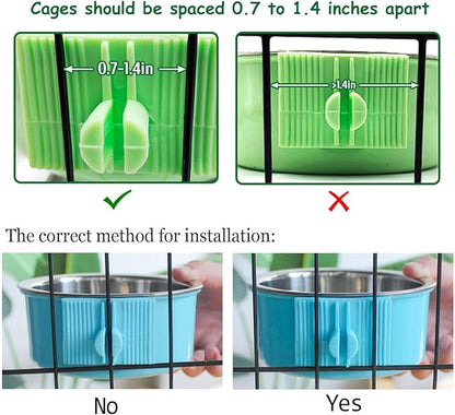 kathson Crate Dog Bowl, Removable Stainless Steel Hanging Pet Kennel Cage Bowl Food &amp; Water Feeder Coop Cup for Puppy, Cat, Rabbit,Guinea Pigs 2pcs (Blue,Green)