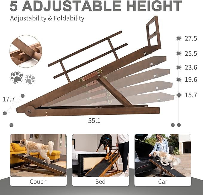 ABORON Dog Ramp,Adjustable Folding Pet Ramp for Bed,Couch,SUV - High Traction Portable Rubber Paw Ramps,Great for Small &amp; Large Old Dogs &amp; Cats, Supports up to 200 lbs,55&