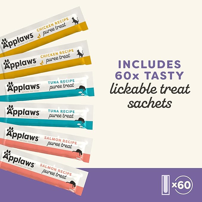 Applaws Lickable Cat Treats, Natural Grain-Free Purée, Limited Ingredient, Variety of Chicken, Tuna, &amp; Salmon Squeeze Up Cat Treats (60 x 0.5 oz Sachets)