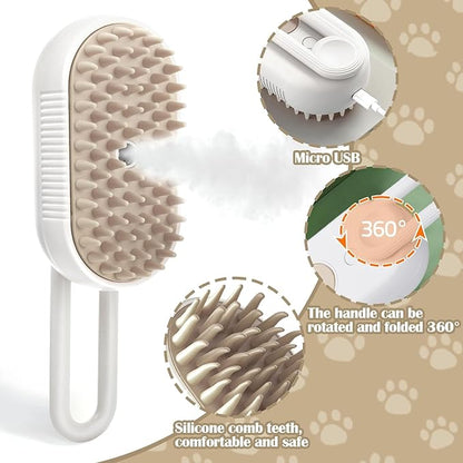 Cat Steam Brush - 5 In1 Grooming Kit for Cats and Dogs Silicone Massage Tool - Stainless Steel Nail Scissors - Hair Detangling Comb - Water Spray Rechargeable Shedding Wash-Free Essence (White)
