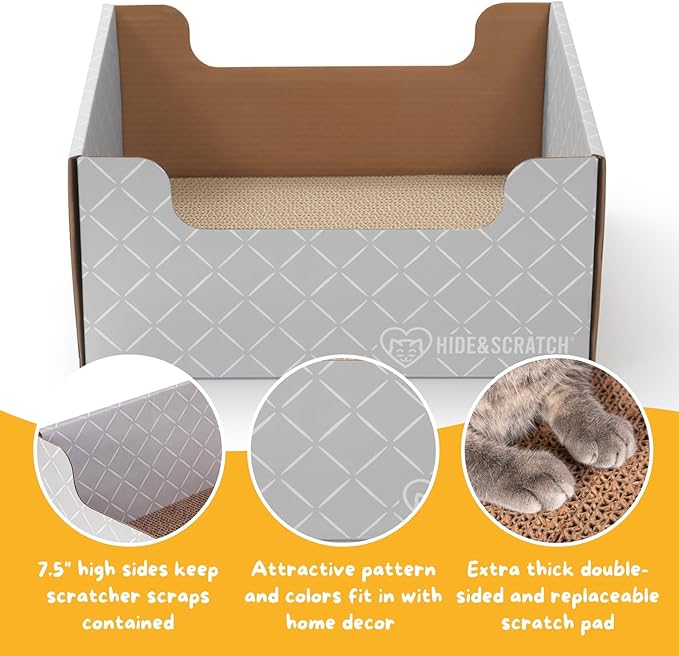 HIDE &amp; SCRATCH Cat Scratcher Box and Cat Bed with Refillable Double-Sided Cardboard Scratch Pad for Indoor Cats