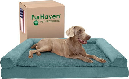 Furhaven Cooling Gel Dog Bed for Large Dogs w/ Removable Bolsters &amp; Washable Cover, For Dogs Up to 125 lbs - Plush &amp; Suede Sofa - Deep Pool, Jumbo Plus/XXL