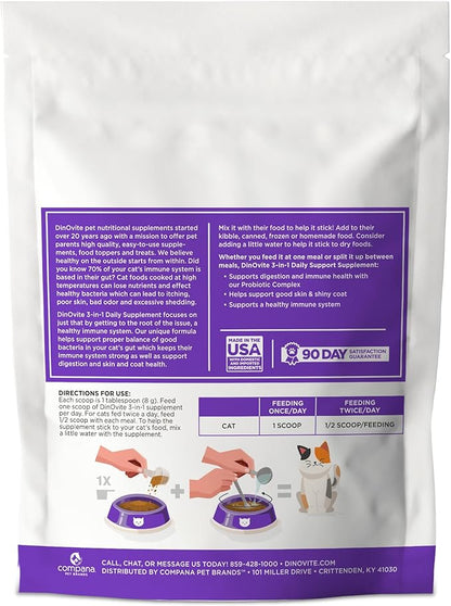 Dinovite for Cats Supplement - Immune + Digestive, Skin + Coat Support, Vitamins, Minerals, Omega 3, Enzymes, Probiotics. Reduces Shedding, Dry Skin, Itching, Stinking, Bald Spots, Seasonal Issues