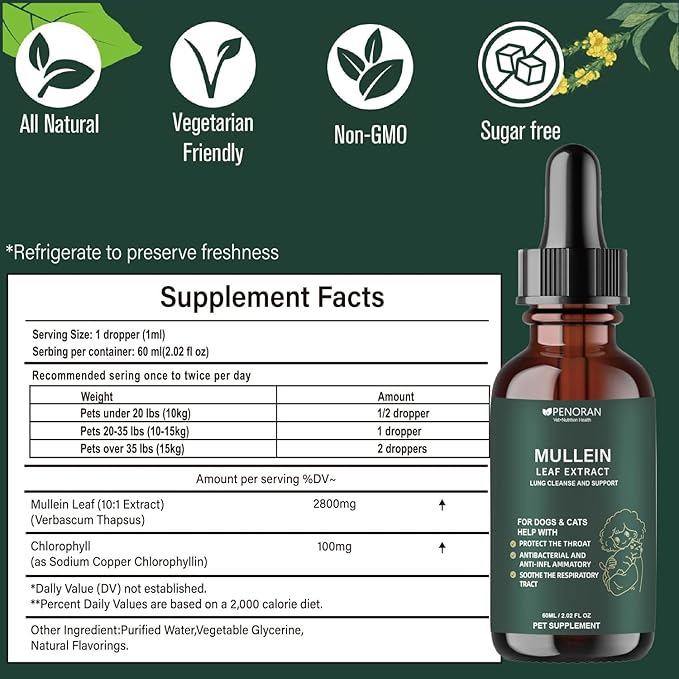 Pet Mullein Leaf Extract Drops for Dogs &amp; Cats Hoarseness, Cough, Easy Breathing, Lung Cleanse and Support, Better Lungs, Soothes Throat Discomfort - ﻿100% Natural and Efficient ﻿ ﻿