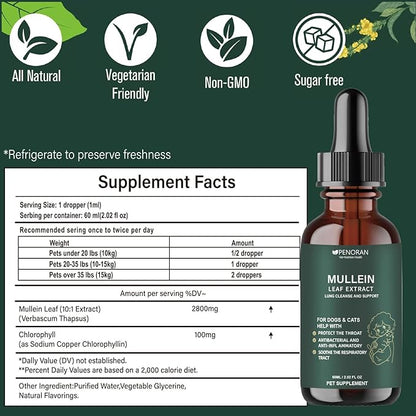 Pet Mullein Leaf Extract Drops for Dogs &amp; Cats Hoarseness, Cough, Easy Breathing, Lung Cleanse and Support, Better Lungs, Soothes Throat Discomfort - ﻿100% Natural and Efficient ﻿ ﻿