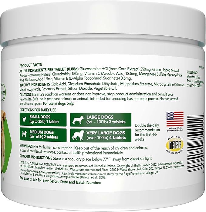 Yumove Hip &amp; Joint Supplement for Dogs with Glucosamine, Hyaluronic Acid, Green Lipped Mussel &amp; Omega 3 Joint Supplement - Regular and Advanced Strength (300ct, Chewable Tablets)