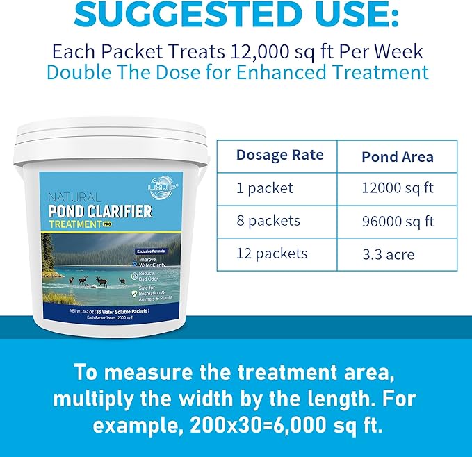 Pond Clarifier Treatment – 36 Packets Natural Pond Water Clear for Outdoor Lakes – Beneficial Enzymes to Improve Water Clarity &amp; Eliminate Odor – Treats Up to 432,000 Sq Ft