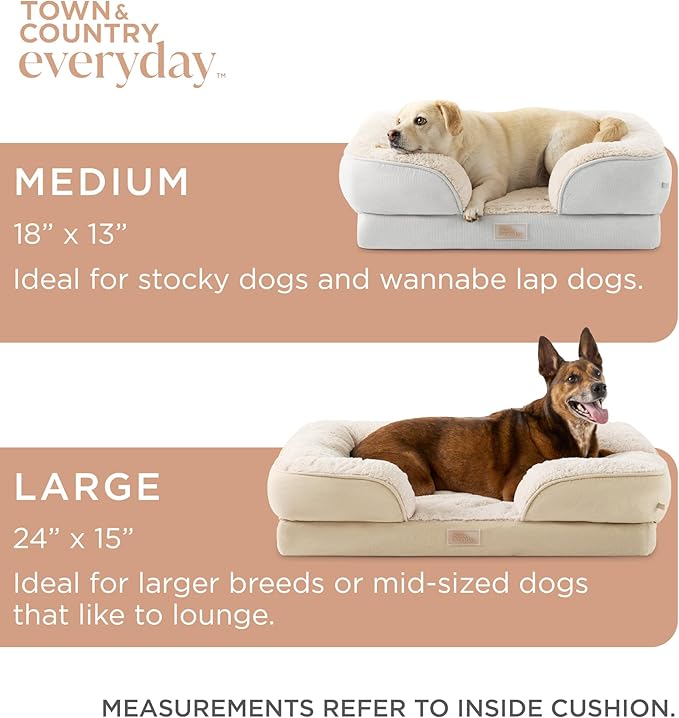TOWN &amp; COUNTRY EVERYDAY CuddleTown Comfy Solid Bolster Sofa Pet Bed, Supportive &amp; Calming Egg Crate Foam, Non-Slip Bottom, Machine Washable Cover, Cream, Medium 28"x23"x8"