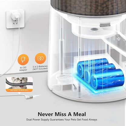 Automatic Cat Feeder: 4L Timed Cats Food Dispenser Programmable 1-6 Meal for Cat and Small Medium Dog- Auto Pet Feeder Dual Power Supply with Stainless Steel&amp; | Detachable Washable White