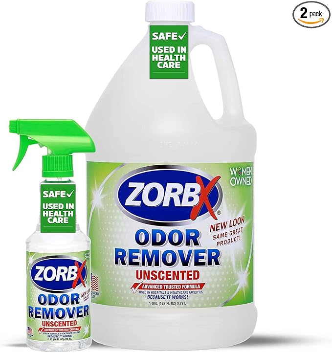 ZORBX Unscented Odor Eliminator for Strong Odor 16 Oz + 128 Oz - Used in Hospitals &amp; Healthcare Facilities - Advanced Trusted Formula, Fast-Acting Odor Remover Spray for Dog, Cat, House &amp; Carpet