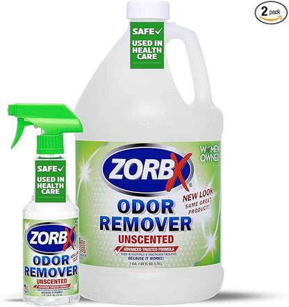 ZORBX Unscented Odor Eliminator for Strong Odor 16 Oz + 128 Oz - Used in Hospitals &amp; Healthcare Facilities - Advanced Trusted Formula, Fast-Acting Odor Remover Spray for Dog, Cat, House &amp; Carpet