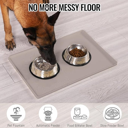 MateeyLife Dog &amp; Cat Food Water Mat for Floors Waterproof, Nonslip Pets Bowl Feeding Mats with Raised Edges, Silicone Matt Tray for Messy Drinkers, 24"x16", Taupe