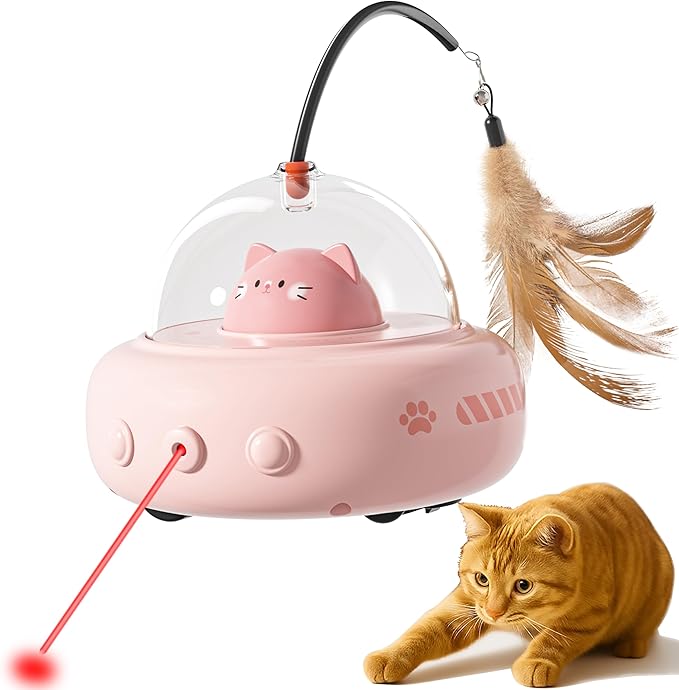 hooroor 2-in-1 UFO Laser Cat Toy – Automatic Motion with Feather, Rechargeable Smart Sensor Interactive Toy for Indoor Cats &amp; Dogs, Fun Exercise &amp; Play, Perfect Pet Gift
