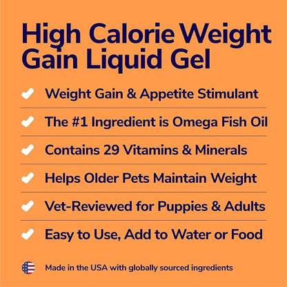 High-Calorie Weight Gainer for Dogs &amp; Cats - Multivitamin Nutritional Supplement Gel, Omega Fish Oil, Calcium - Puppy, Senior, Prenatal Cat &amp; Dog Vitamins, Supplements for Weight Gain