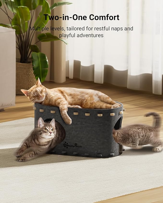 DownyPaws Cat House for Indoor Cats, Cat Bed Cave for Multiple &amp; Large Cats Up to 22 Lbs, Scratch Resistant Peekaboo Cat Caves, Foldable Tunnel Enclosed Bed, PeekaPurr, Sesame Gray