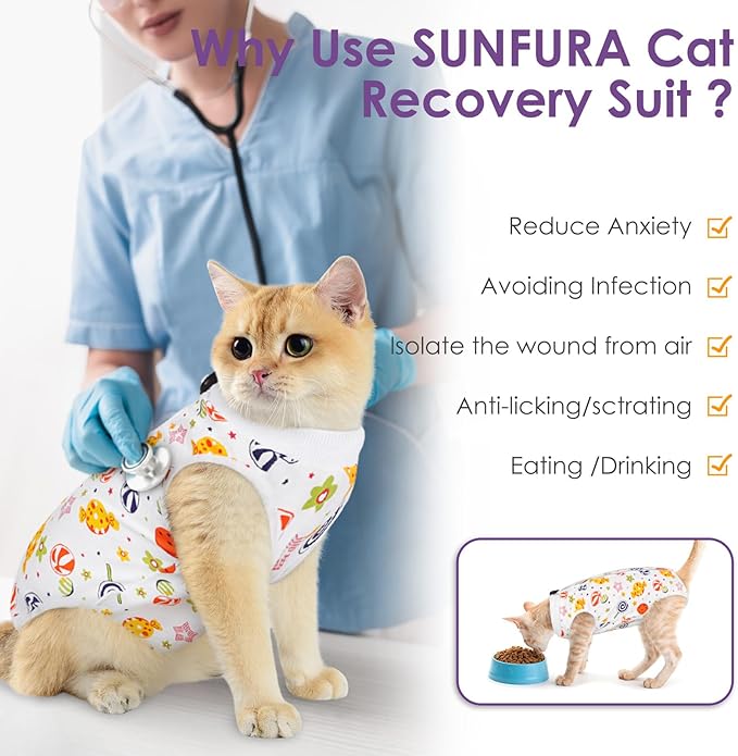 SUNFURA Cat Recovery Suit, Kitten Surgical Full Bodysuit for Abdominal Wound Protector Anti Licking After Surgery, Professional Bandages Cone E-Collar Alternative for Small Male &amp; Female Pets
