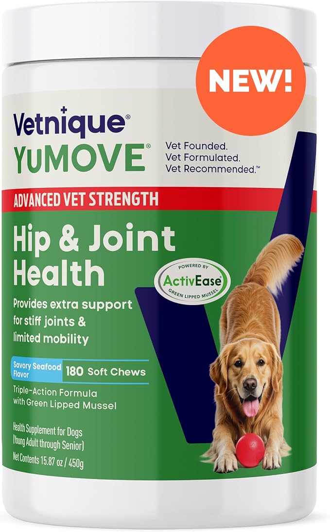 Yumove Hip &amp; Joint Supplement for Dogs with Glucosamine, Hyaluronic Acid, Green Lipped Mussel &amp; Omega 3 Joint Supplement - Regular or Advanced Strength (180ct, Advanced Vet Strength Soft Chews)