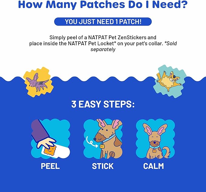 NATPAT Pet Zen Calming Patches for Dogs &amp; Cats – Non-Medicated Effective Stress Relief for Travel, Fireworks &amp; Separation Anxiety - Long Lasting &amp; Non-Toxic (24 Patches) - Locket Sold separetely