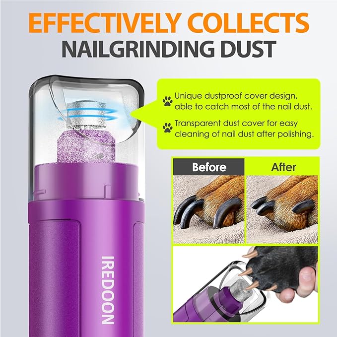 Dog Nail Grinder Upgraded - Professional 3-Speed Super Quiet and Low Vibration Electric Pet Nail Grinder with 4 LED Lights - Painless Paws Grooming &amp; Smoothing for Small to Large Dogs (Purple)