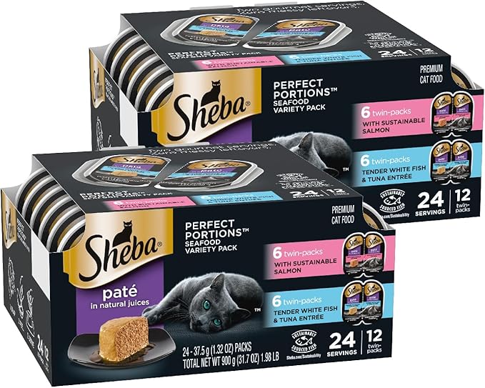 Sheba Perfect Portions Wet Cat Food Pate with Sustainable Salmon and Tender Whitefish &amp; Tuna Entree Variety Pack, 2.6 oz. Twin-Pack Trays (12 Count, 24 Servings) (Pack of 2)