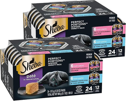 Sheba Perfect Portions Wet Cat Food Pate with Sustainable Salmon and Tender Whitefish &amp; Tuna Entree Variety Pack, 2.6 oz. Twin-Pack Trays (12 Count, 24 Servings) (Pack of 2)