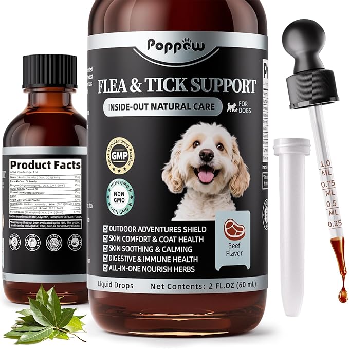 Dog Flea and Tick Support, Natural Herbal Flea &amp; Tick Comfort for Dogs, Flea Liquid Drops Supplement for Dogs with Neem, Oregano, Pumpkin Seed Oil - Beef Flavor, 2 FL.Oz - All Breeds &amp; Sizes