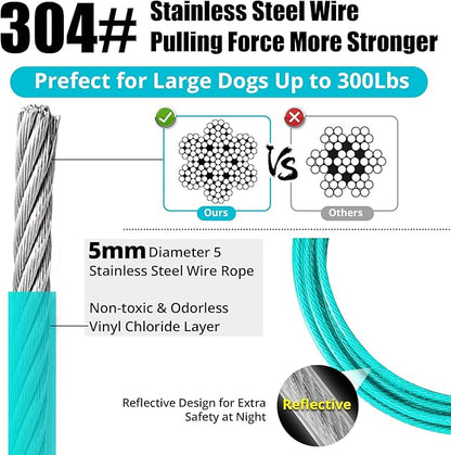 Jenico Dog Tie Out Cable, 10-150FT Runner Cable with Swivel Hook and Shock Spring, Yard &amp; Camping Dog Leash Tether for Small to Medium Pets Up to 500 LBS