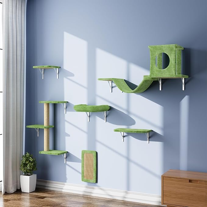 NUNU LAB Wall Mounted Cat Furniture, 6 Pcs Cat Wall Shelves with Condo House, Bridge, Steps, Scratcher, Hammock, Indoor Safe &amp; Stable Furniture for Kittens Play, Green