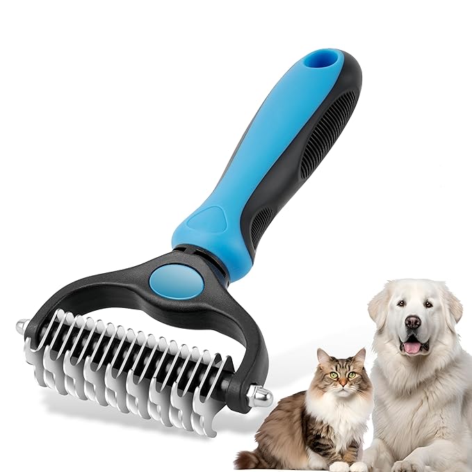 Pet Grooming Brush, Double Sided Undercoat Rake for Dogs &amp; Cats, Professional Deshedding Brush and Dematting Tool, Safe and Effective Removing Knots, Mats, Tangles,and Flying Hair (Blue)