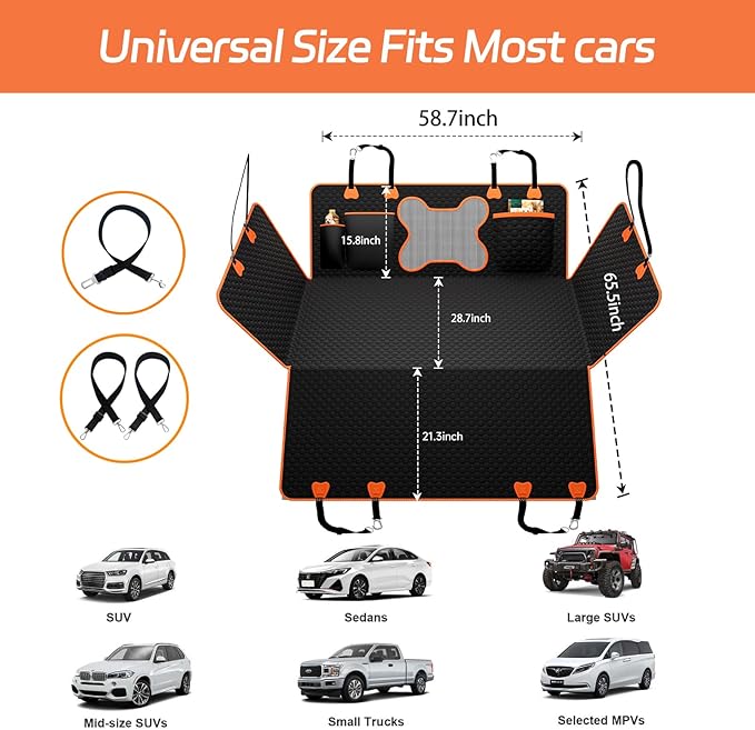 Hard Bottom Dog Car Seat Cover for Back Seat – Waterproof Nonslip Hammock Extender for Trucks &amp; SUVs, Heavy Duty Pet Protector, Black Oxford Fabric