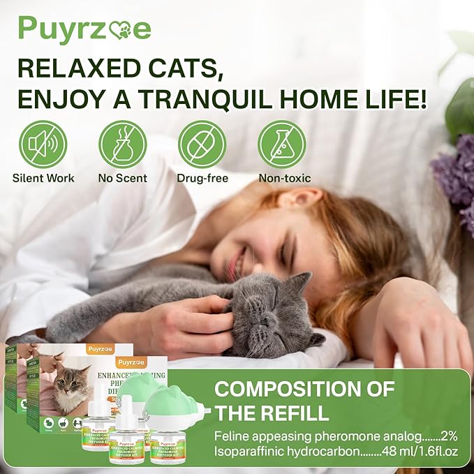 Cat Calming Diffuser with Three Timing Functions, 6-in-1 Cat Pheromones Calming Diffuser Kit, 120-Day Anxiety Relief, Stress Reduction &amp; Relaxation for All Cats (2 Diffusers + 4 Refills)