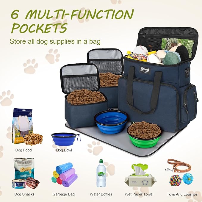 Dog Travel Bag Airline Approved–Pet Travel Tote with Collapsible Bowls,Food Containers &amp; Feeding Mat–Multi-Pocket Organizer for Dogs &amp; Cats, Durable &amp; Water-Resistant for Hiking,Trips,Outdoors