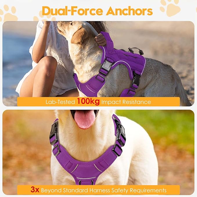Heavy-Duty Tactical Dog Harness for Large Dogs, No Pull Adjustable Reflective Pet Vest with Molle System, K9 Military-Grade Control for Service Training, Outdoor &amp; 10+ Breeds, Purple, Small