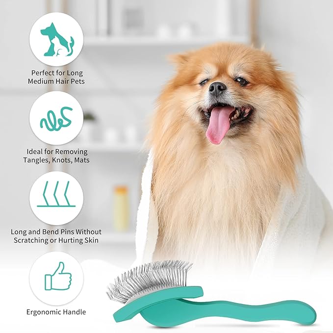 Slicker Brush for Dogs, Long Pin Dog Grooming Brush for Goldendoodles, Poodles, Doodles &amp; More, Includes Bonus Pet Comb, Perfect for De-Shedding, Dematting &amp; Reducing Tangles. Large, Green