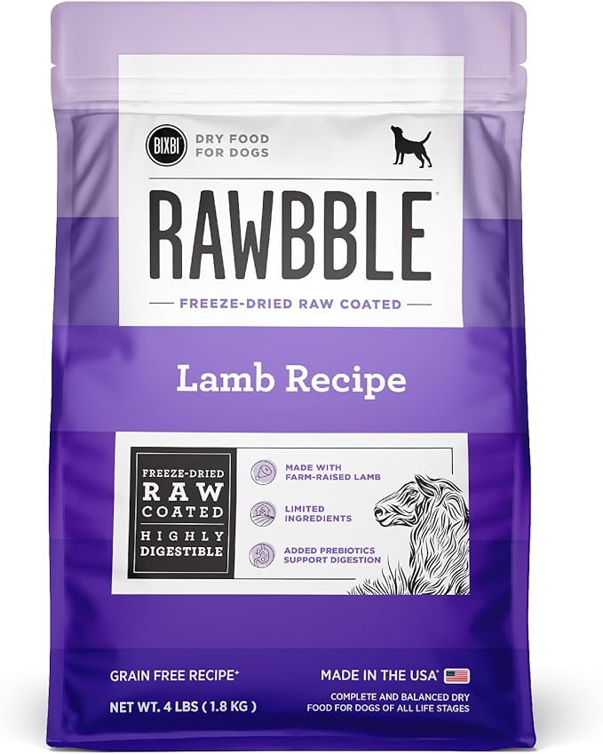 BIXBI Rawbble Dry Dog Food, Lamb, 4 lbs - USA Made with Fresh Meat - No Meat Meal &amp; No Corn, Soy or Wheat - Freeze Dried Raw Coated Dog Food - Minimally Processed for Superior Digestibility