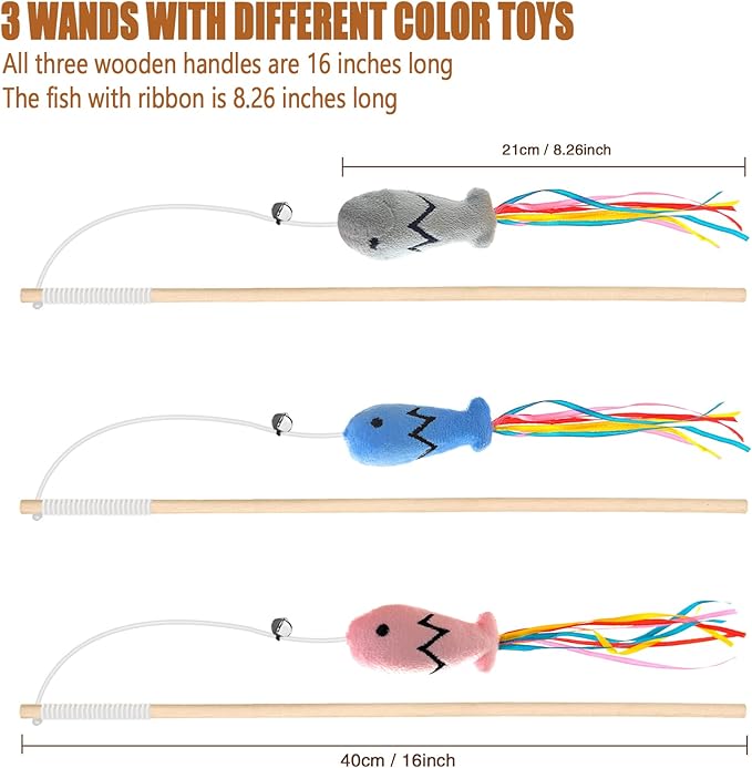 Natural Wood Cat Wand Toy with Ribbon Fish Teaser - 3pcs, 16 Inch, Indoor Cat Exerciser &amp; Playing Kitten Toy, Bonus 5pcs Catnip Sticks for Teeth Cleaning