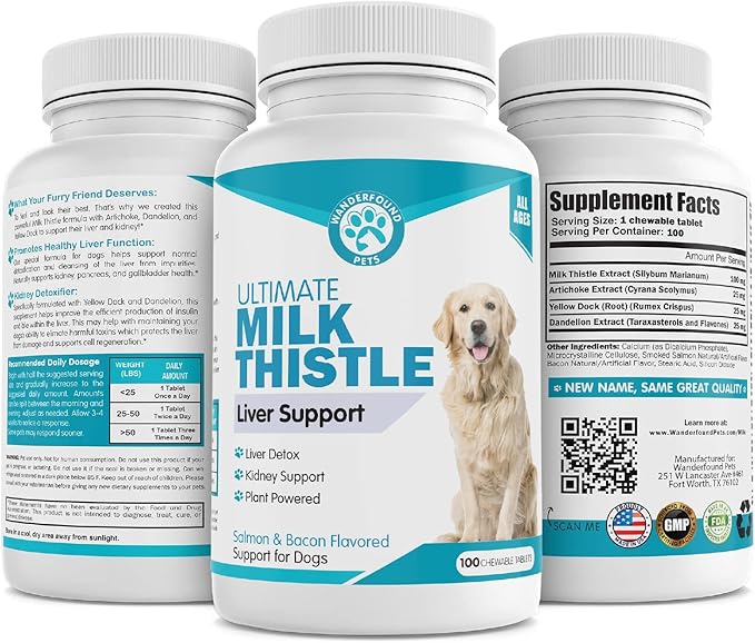 Wanderfound Pets Milk Thistle for Dogs – Tasty Salmon &amp; Bacon Flavored Natural Liver Support for Pets – Kidney Cleanse Detox &amp; Repair Formula Manufactured in The USA – 100 Chewable Tablets