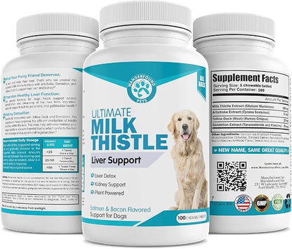 Wanderfound Pets Milk Thistle for Dogs – Tasty Salmon &amp; Bacon Flavored Natural Liver Support for Pets – Kidney Cleanse Detox &amp; Repair Formula Manufactured in The USA – 100 Chewable Tablets