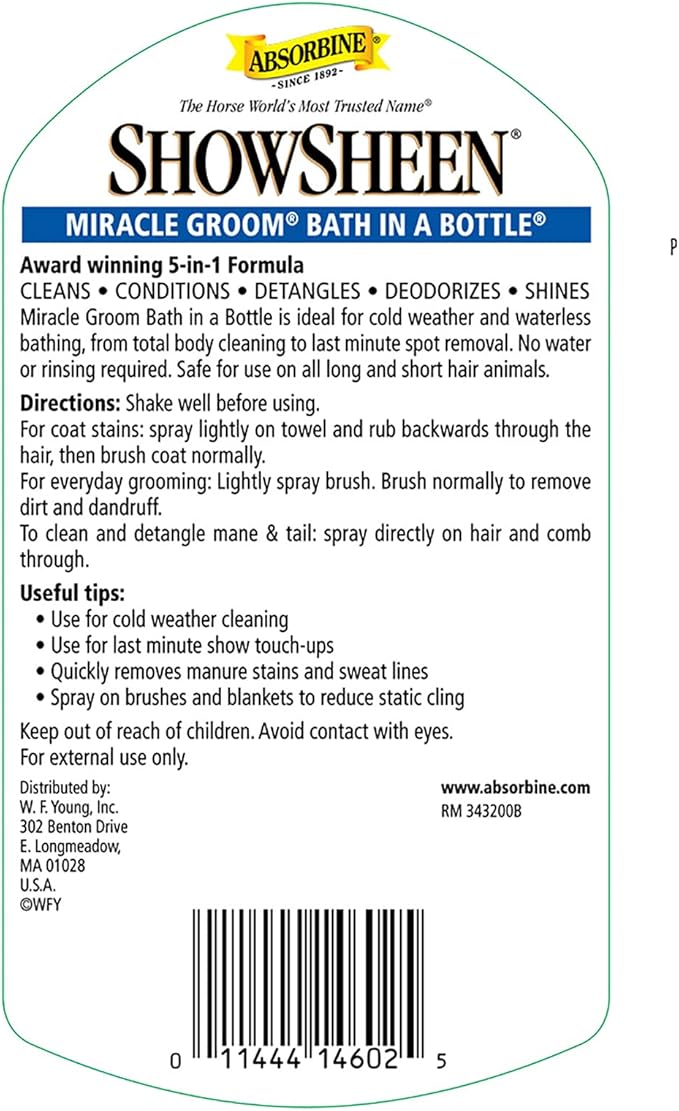 Absorbine ShowSheen Miracle Groom Waterless Shampoo, 5-in-1 Formula for Coat, Mane &amp; Tail, 32oz