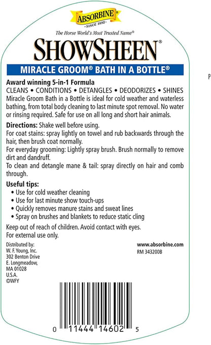 Absorbine ShowSheen Miracle Groom Waterless Shampoo, 5-in-1 Formula for Coat, Mane &amp; Tail, 32oz