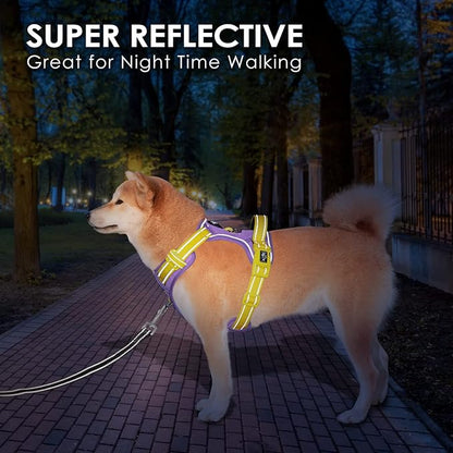 PHOEPET No Pull Dog Harness, Unique Colors Reflective Adjustable Dog Vest, with Soft Training Handle Metal Clips for Small Medium Large Dogs (Baby Purple Base &amp; Yellow Straps,L)